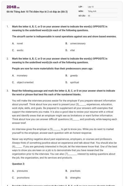 Đề thi Tiếng Anh 10 Thí điểm Học kì 2 có đáp án (Đề 3)