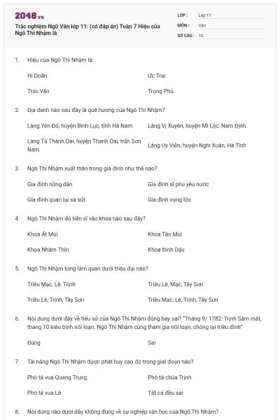 Trắc nghiệm Ngữ Văn lớp 11: (có đáp án) Tuần 7 Hiệu của Ngô Thì Nhậm là
