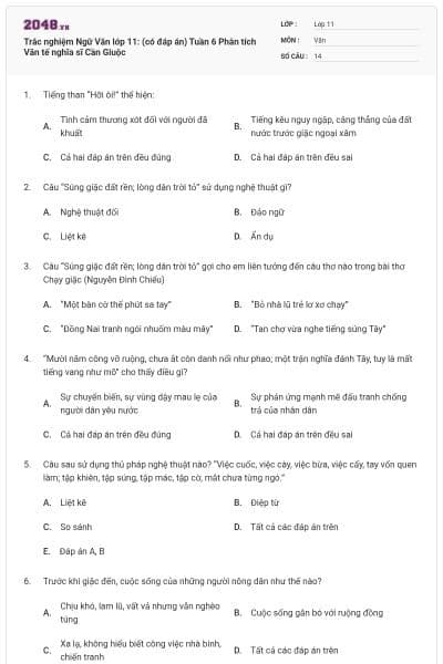 Trắc nghiệm Ngữ Văn lớp 11: (có đáp án) Tuần 6 Phân tích Văn tế nghĩa sĩ Cần Giuộc