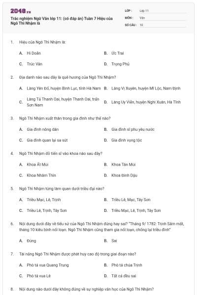 Trắc nghiệm Ngữ Văn lớp 11: (có đáp án) Tuần 7 Hiệu của Ngô Thì Nhậm là