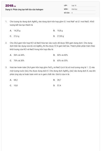 Dạng 6: Phản ứng tạo kết tủa của halogen