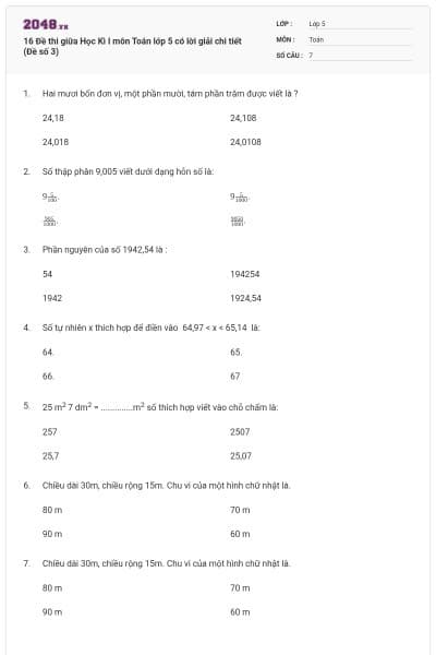 16 Đề thi giữa Học Kì I môn Toán lớp 5 có lời giải chi tiết (Đề số 3)
