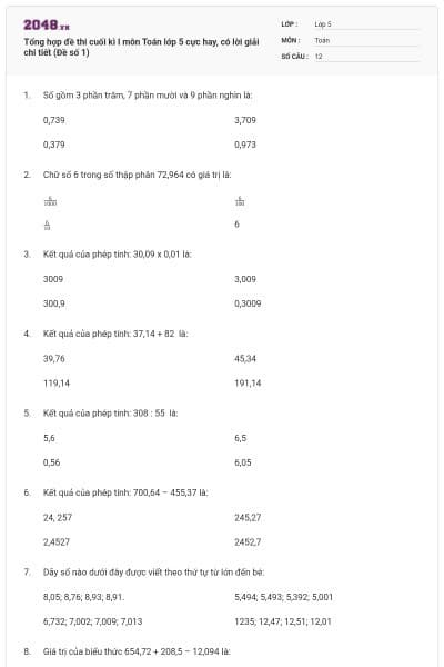 Tổng hợp đề thi cuối kì I môn Toán lớp 5 cực hay, có lời giải chi tiết (Đề số 1)