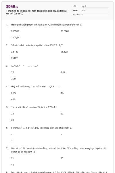 Tổng hợp đề thi cuối kì I môn Toán lớp 5 cực hay, có lời giải chi tiết (Đề số 2)