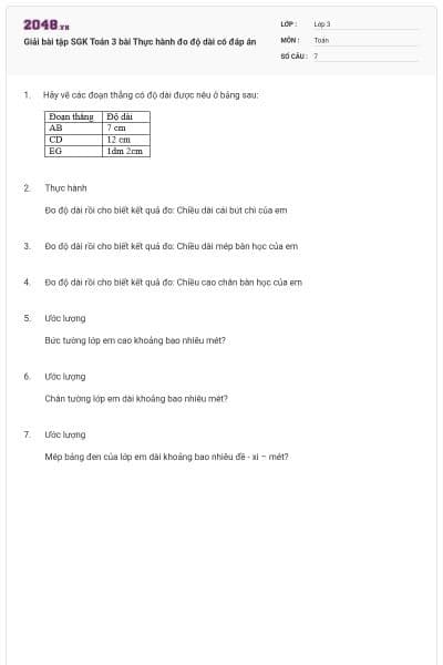 Giải bài tập SGK Toán 3 bài Thực hành đo độ dài có đáp án