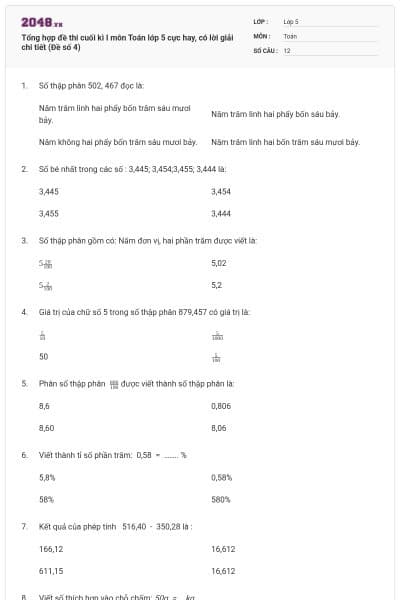 Tổng hợp đề thi cuối kì I môn Toán lớp 5 cực hay, có lời giải chi tiết (Đề số 4)