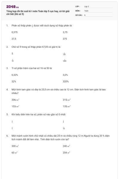 Tổng hợp đề thi cuối kì I môn Toán lớp 5 cực hay, có lời giải chi tiết (Đề số 5)