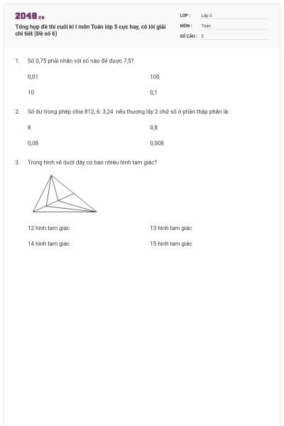 Tổng hợp đề thi cuối kì I môn Toán lớp 5 cực hay, có lời giải chi tiết (Đề số 6)