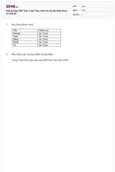 Giải bài tập SGK Toán 3 bài Thực hành đo độ dài (tiếp theo) có đáp án