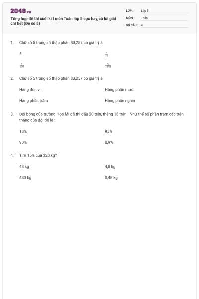 Tổng hợp đề thi cuối kì I môn Toán lớp 5 cực hay, có lời giải chi tiết (Đề số 8)