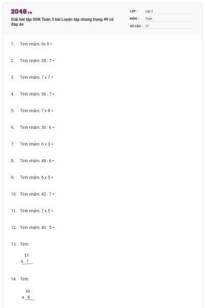 Giải bài tập SGK Toán 3 bài Luyện tập chung trang 49 có đáp án