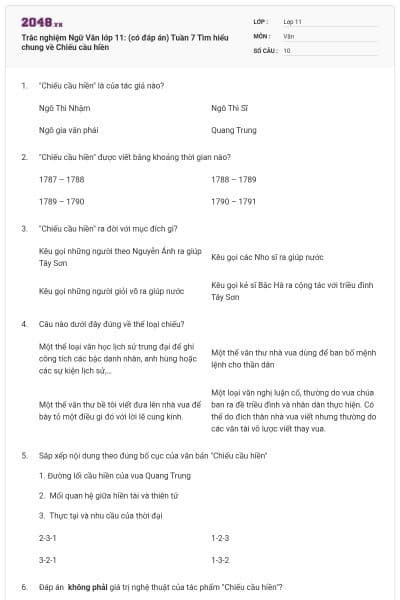 Trắc nghiệm Ngữ Văn lớp 11: (có đáp án) Tuần 7 Tìm hiểu chung về Chiếu cầu hiền
