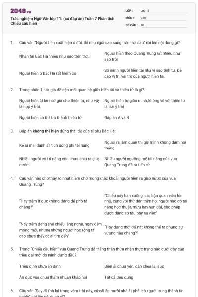 Trắc nghiệm Ngữ Văn lớp 11: (có đáp án) Tuần 7 Phân tích Chiếu cầu hiền