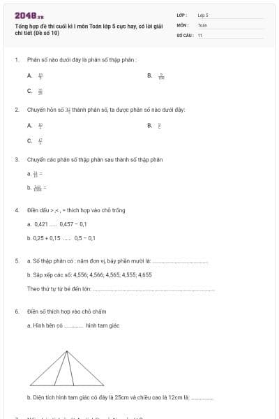 Tổng hợp đề thi cuối kì I môn Toán lớp 5 cực hay, có lời giải chi tiết (Đề số 10)