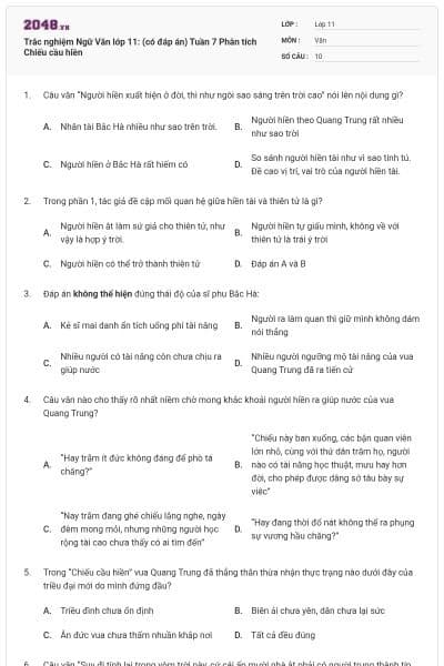 Trắc nghiệm Ngữ Văn lớp 11: (có đáp án) Tuần 7 Phân tích Chiếu cầu hiền