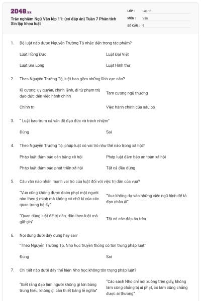 Trắc nghiệm Ngữ Văn lớp 11: (có đáp án) Tuần 7 Phân tích Xin lập khoa luật