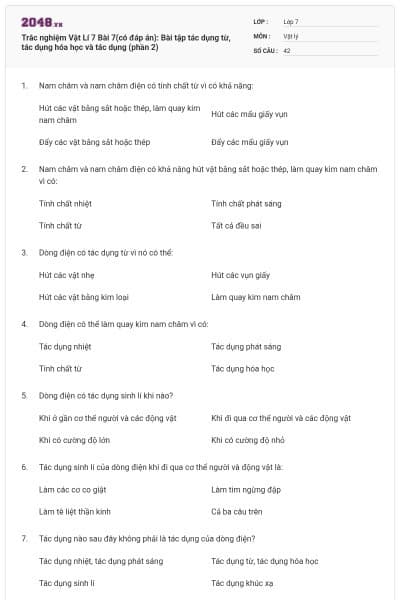 Trắc nghiệm Vật Lí 7 Bài 7(có đáp án): Bài tập tác dụng từ, tác dụng hóa học và tác dụng (phần 2)