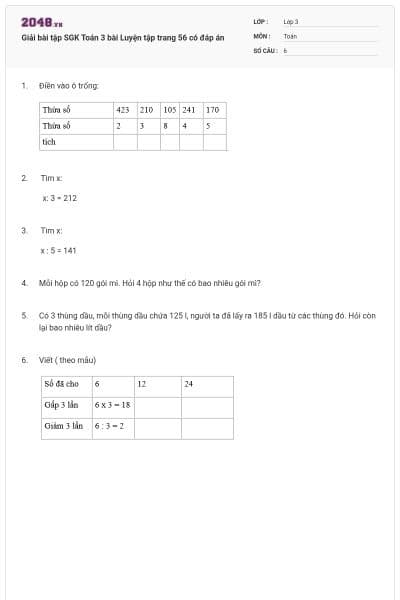 Giải bài tập SGK Toán 3 bài Luyện tập trang 56 có đáp án