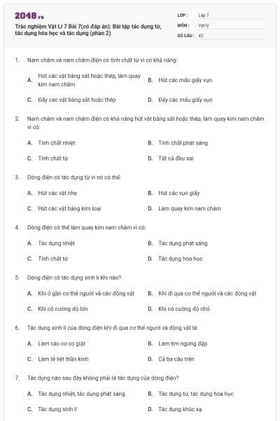 Trắc nghiệm Vật Lí 7 Bài 7(có đáp án): Bài tập tác dụng từ, tác dụng hóa học và tác dụng (phần 2)