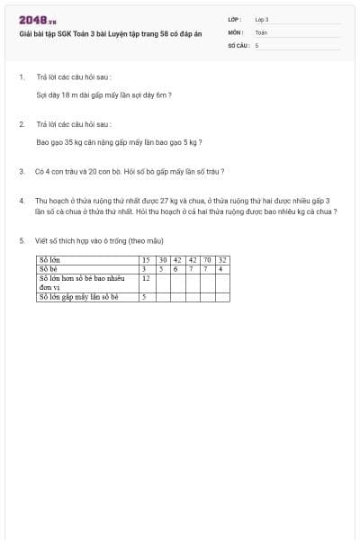 Giải bài tập SGK Toán 3 bài Luyện tập trang 58 có đáp án