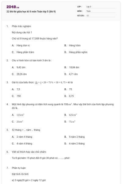 22 Đề thi giữa học kì II môn Toán lớp 5 (Đề 9)