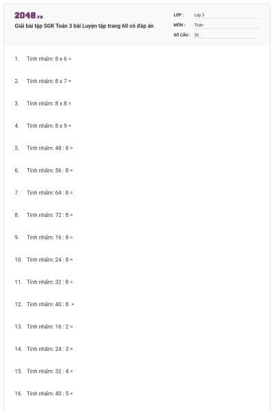 Giải bài tập SGK Toán 3 bài Luyện tập trang 60 có đáp án