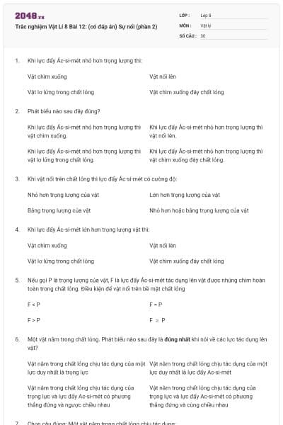 Trắc nghiệm Vật Lí 8 Bài 12: (có đáp án) Sự nổi (phần 2)
