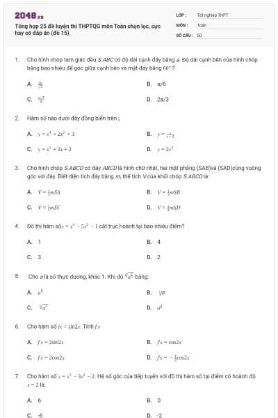 Tổng hợp 25 đề luyện thi THPTQG môn Toán chọn lọc, cực hay có đáp án (đề 15)