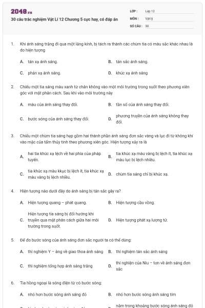 30 câu trắc nghiệm Vật Lí 12 Chương 5 cực hay, có đáp án