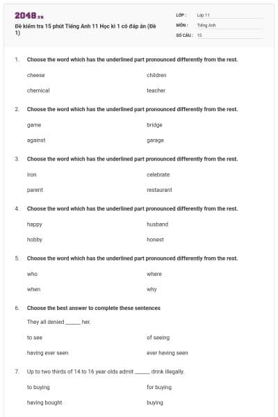 Đề kiểm tra 15 phút Tiếng Anh 11 Học kì 1 có đáp án (Đề 1)