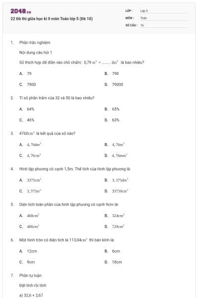 22 Đề thi giữa học kì II môn Toán lớp 5 (Đề 10)