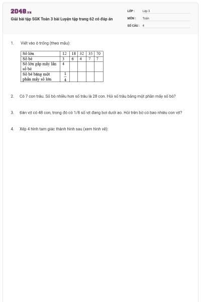 Giải bài tập SGK Toán 3 bài Luyện tập trang 62 có đáp án
