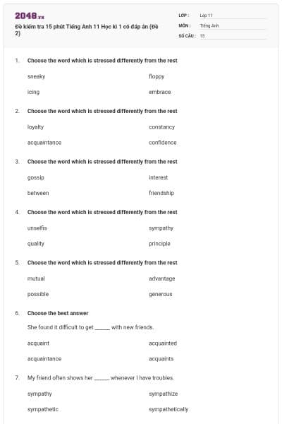 Đề kiểm tra 15 phút Tiếng Anh 11 Học kì 1 có đáp án (Đề 2)