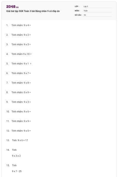 Giải bài tập SGK Toán 3 bài Bảng nhân 9 có đáp án