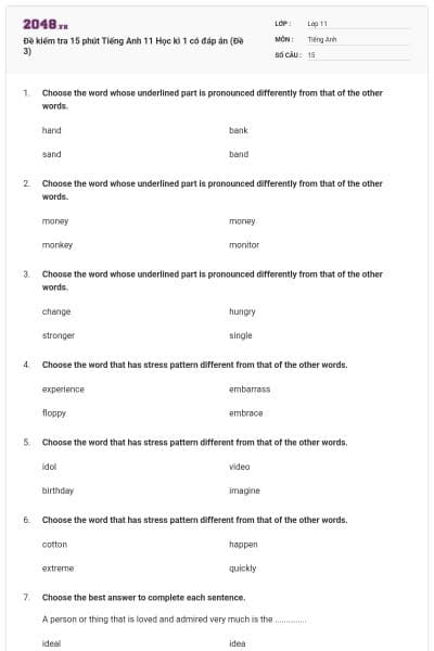 Đề kiểm tra 15 phút Tiếng Anh 11 Học kì 1 có đáp án (Đề 3)
