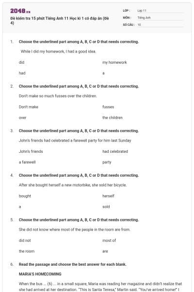 Đề kiểm tra 15 phút Tiếng Anh 11 Học kì 1 có đáp án (Đề 4)