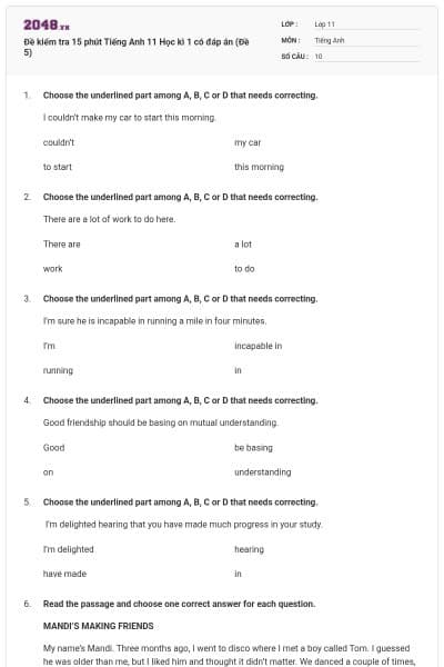 Đề kiểm tra 15 phút Tiếng Anh 11 Học kì 1 có đáp án (Đề 5)