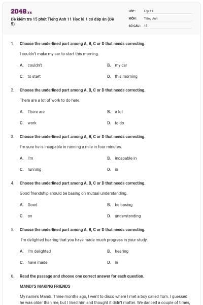 Đề kiểm tra 15 phút Tiếng Anh 11 Học kì 1 có đáp án (Đề 5)