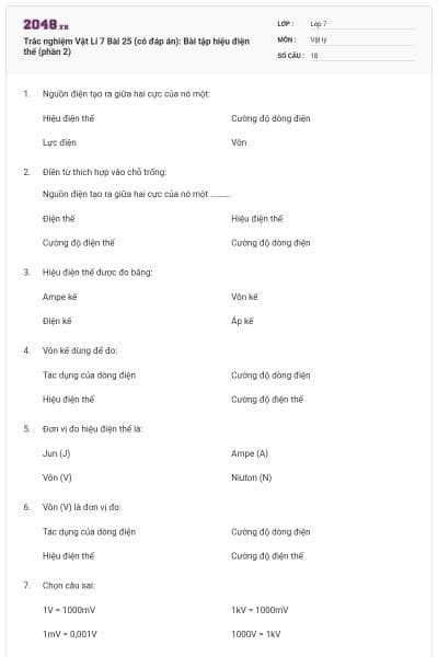 Trắc nghiệm Vật Lí 7 Bài 25 (có đáp án): Bài tập hiệu điện thế (phần 2)