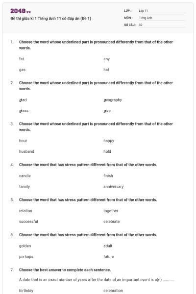 Đề thi giữa kì 1 Tiếng Anh 11 có đáp án (Đề 1)