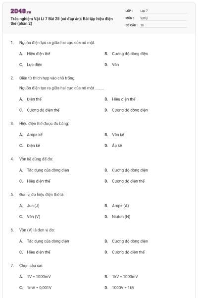 Trắc nghiệm Vật Lí 7 Bài 25 (có đáp án): Bài tập hiệu điện thế (phần 2)