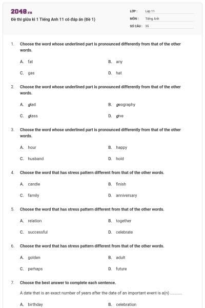 Đề thi giữa kì 1 Tiếng Anh 11 có đáp án (Đề 1)