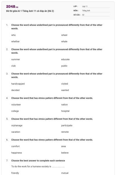 Đề thi giữa kì 1 Tiếng Anh 11 có đáp án (Đề 2)
