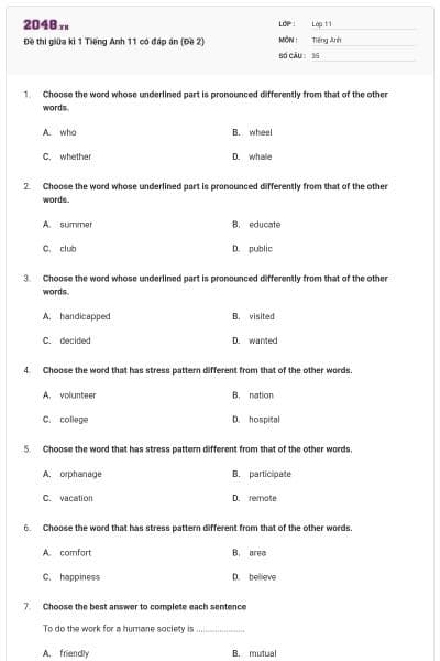 Đề thi giữa kì 1 Tiếng Anh 11 có đáp án (Đề 2)
