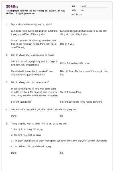 Trắc nghiệm Ngữ Văn lớp 11: (có đáp án) Tuần 8 Tìm hiểu về Thao tác lập luận so sánh
