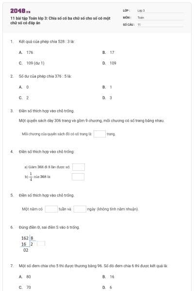 11 bài tập Toán lớp 3: Chia số có ba chữ số cho số có một chữ số có đáp án
