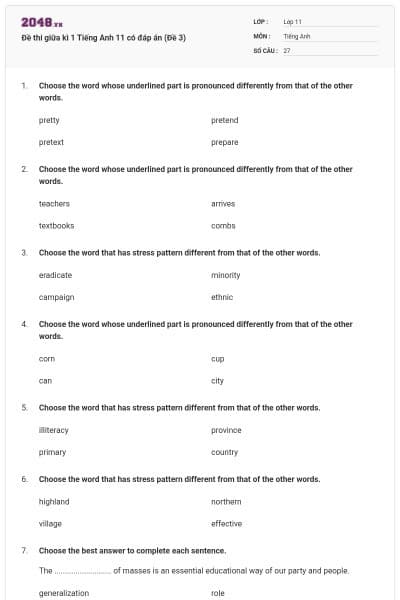Đề thi giữa kì 1 Tiếng Anh 11 có đáp án (Đề 3)