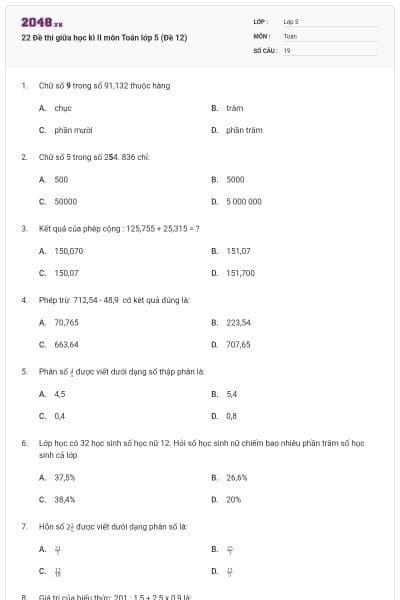 22 Đề thi giữa học kì II môn Toán lớp 5 (Đề 12)
