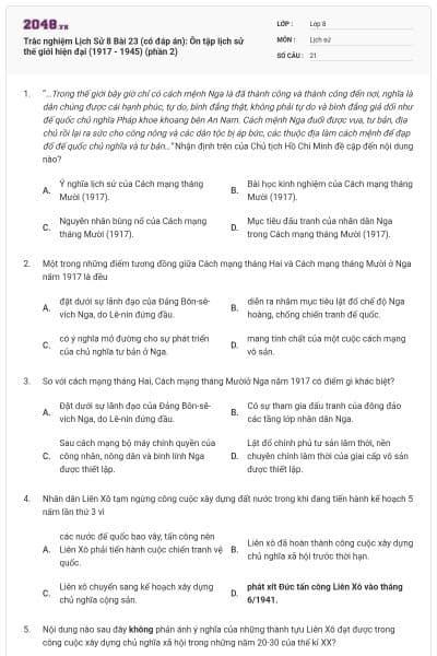 Trắc nghiệm Lịch Sử 8 Bài 23 (có đáp án): Ôn tập lịch sử thế giới hiện đại (1917 - 1945) (phần 2)