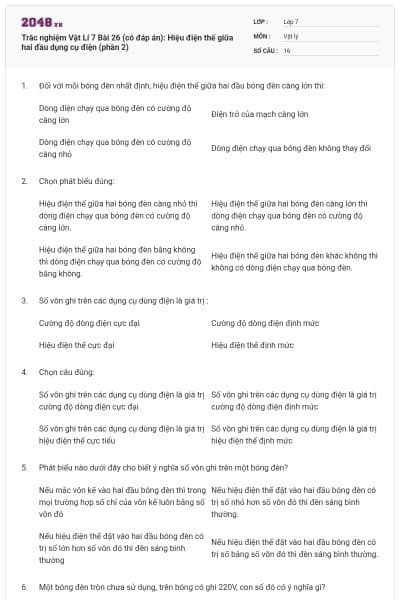 Trắc nghiệm Vật Lí 7 Bài 26 (có đáp án): Hiệu điện thế giữa hai đầu dụng cụ điện (phần 2)